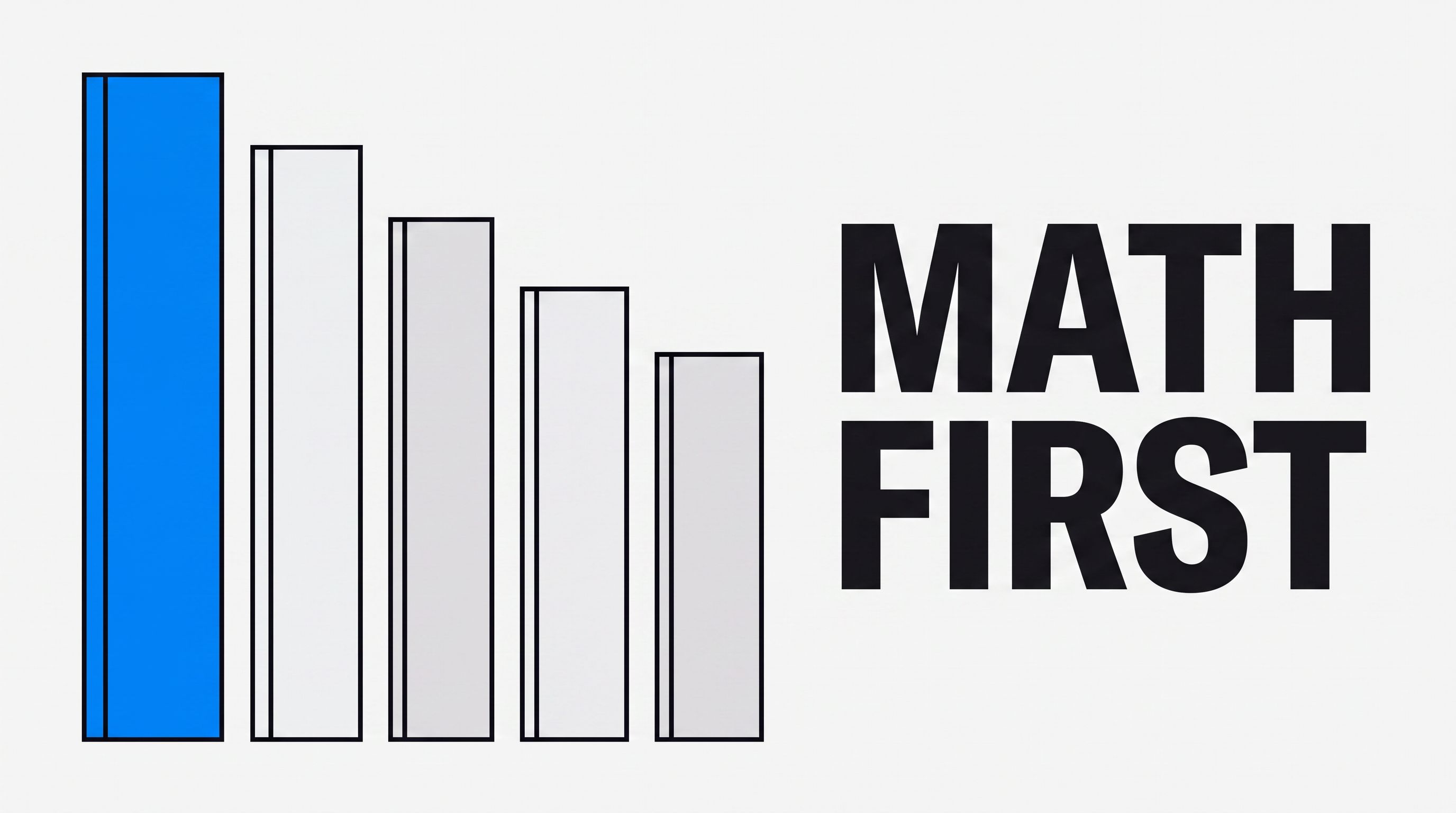 Five book covers stepping down in height from left to right, the tallest filled solid blue, with the words "MATH FIRST" in large uppercase type on the right.